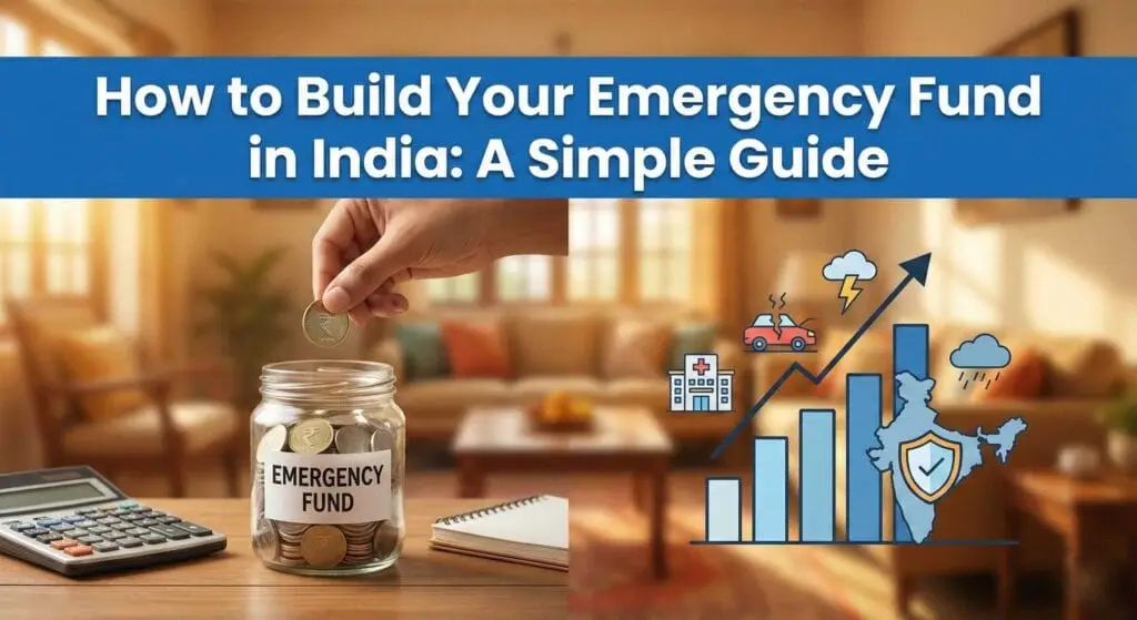 A split-panel blog header image with the title "How to Build Your Emergency Fund in India: A Simple Guide" at the top. The left panel shows a hand placing a Rupee coin into a glass jar labeled "EMERGENCY FUND" next to a calculator. The right panel shows a graphic of a rising financial bar graph over a map of India with a shield icon, surrounded by symbols for emergencies like a broken car, hospital, and storm.